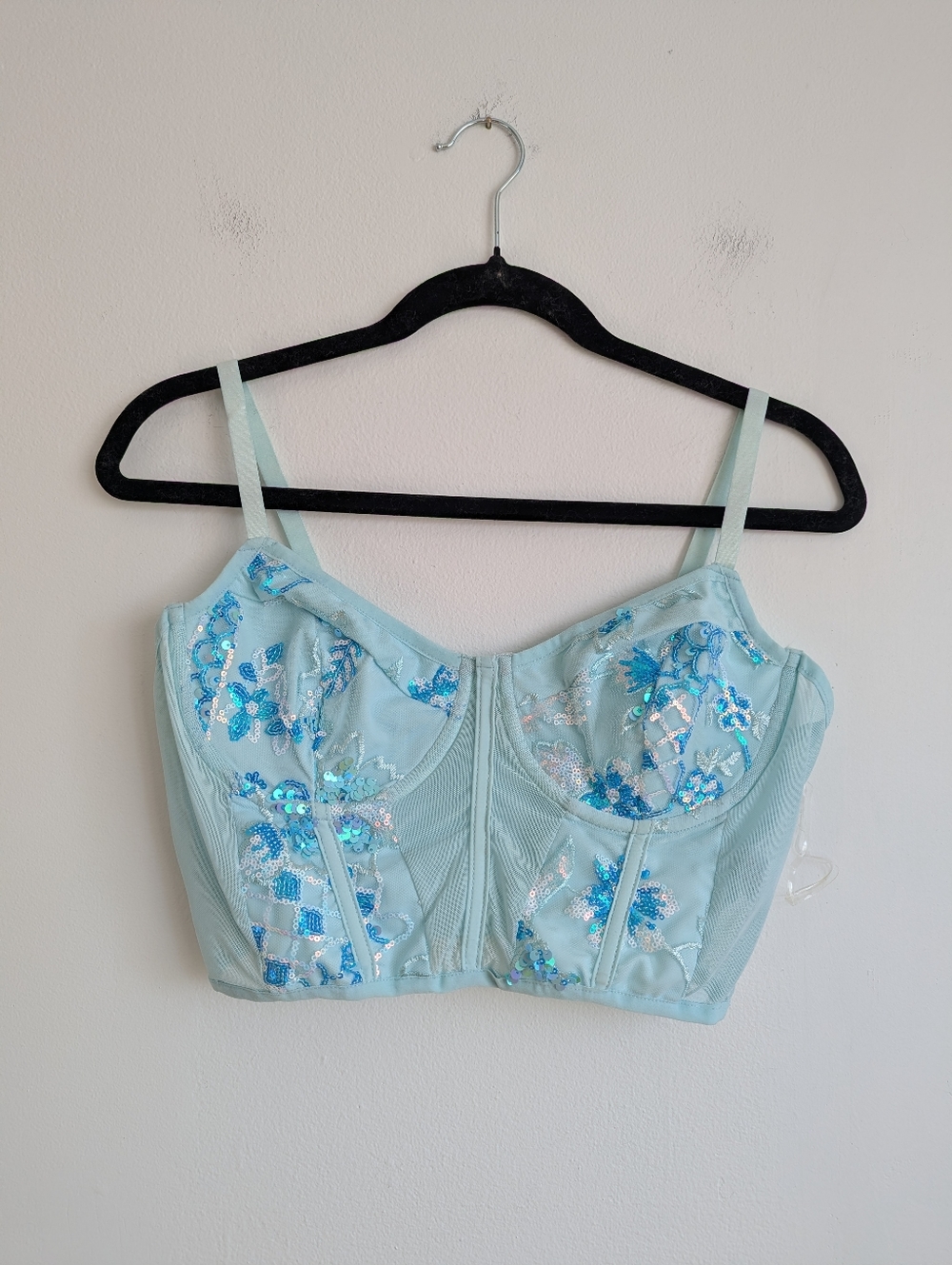 Iheartraves Aqua Blue Mesh Sequined Floral Bustier Crop Top XL